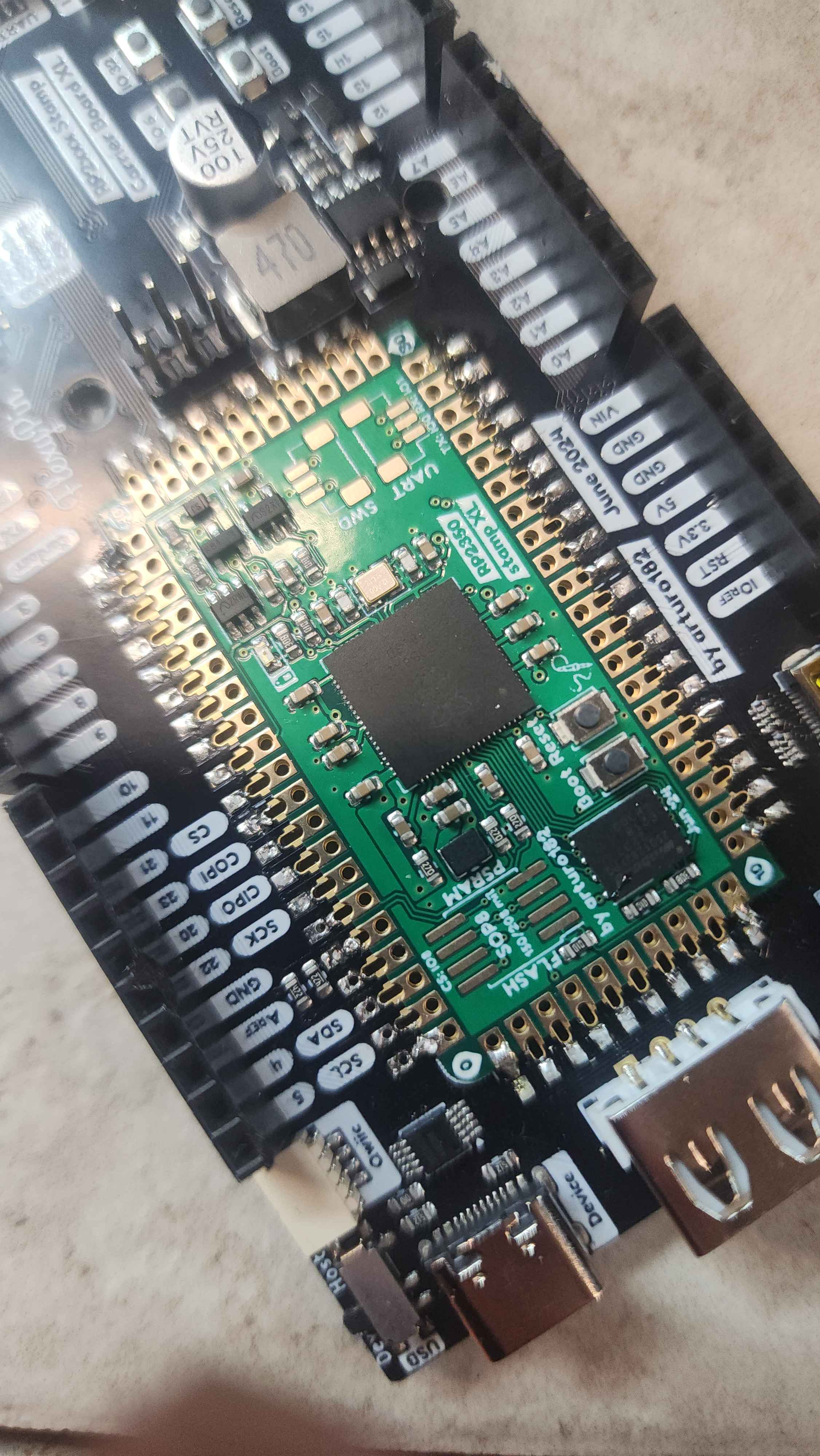 view of a Stamp XL directly soldered onto a carrier board